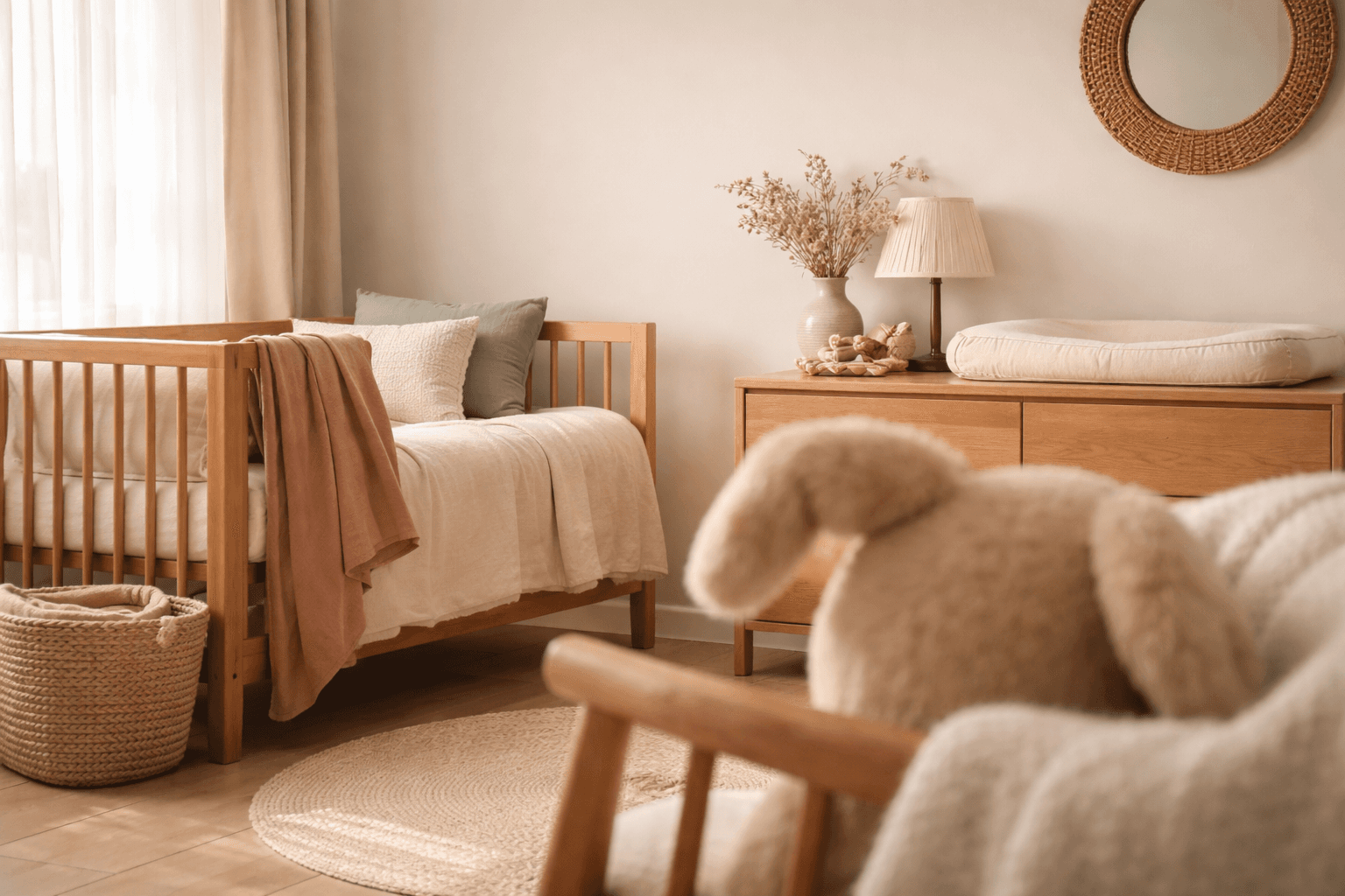 Varmt barnerom med naturlige materialer og myk premium stemning